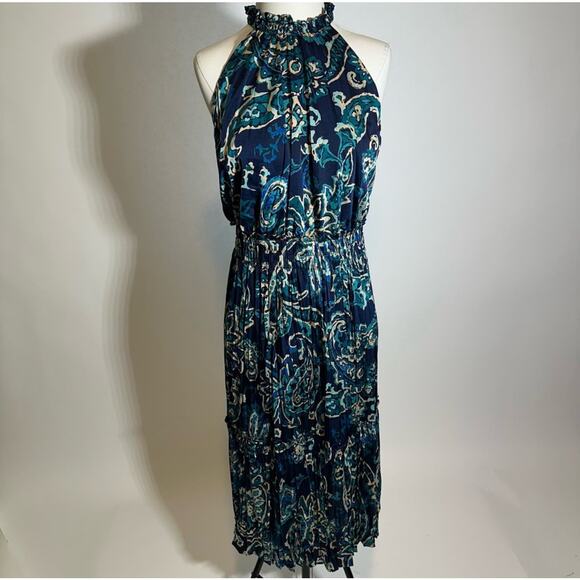 NWD Nicole Miller Blue Halter Neck Silk Feel Midi Dress Womens Size Large L NEW - Picture 1 of 10